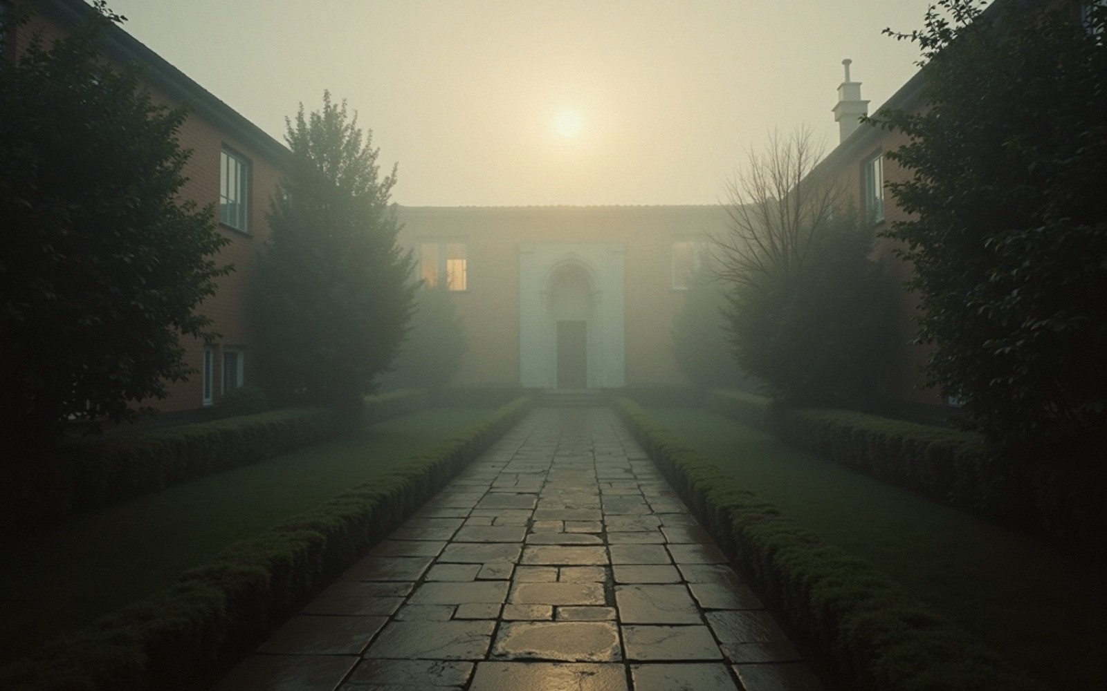 Fog envelops a stone pathway leading to an archway between two buildings at sunrise